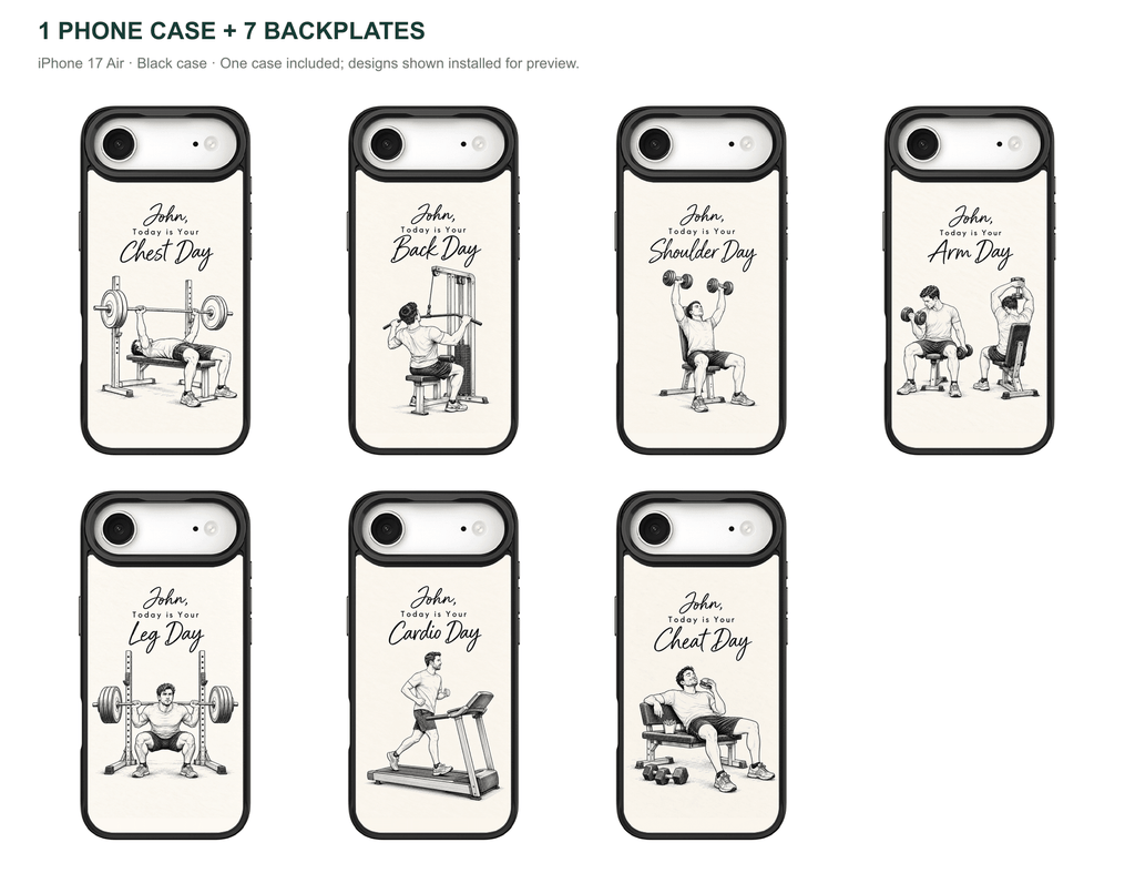 Training Days Personalized — 7 Backplates + 1 Phone Case — iPhone 17 Air Black case — all designs shown installed; one case included