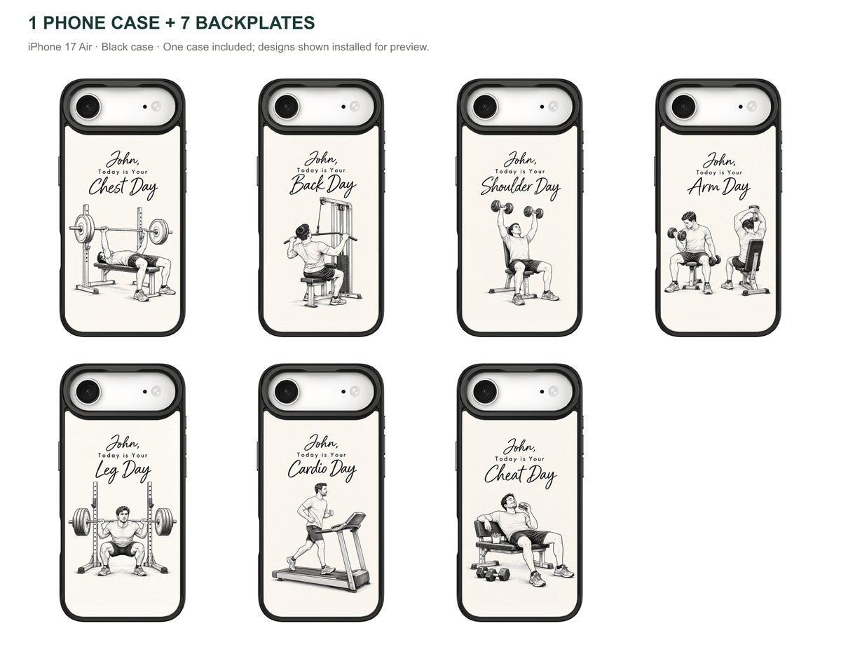 Training Days Personalized — 7 Backplates + 1 Phone Case — iPhone 17 Air Black case — all designs shown installed; one case included
