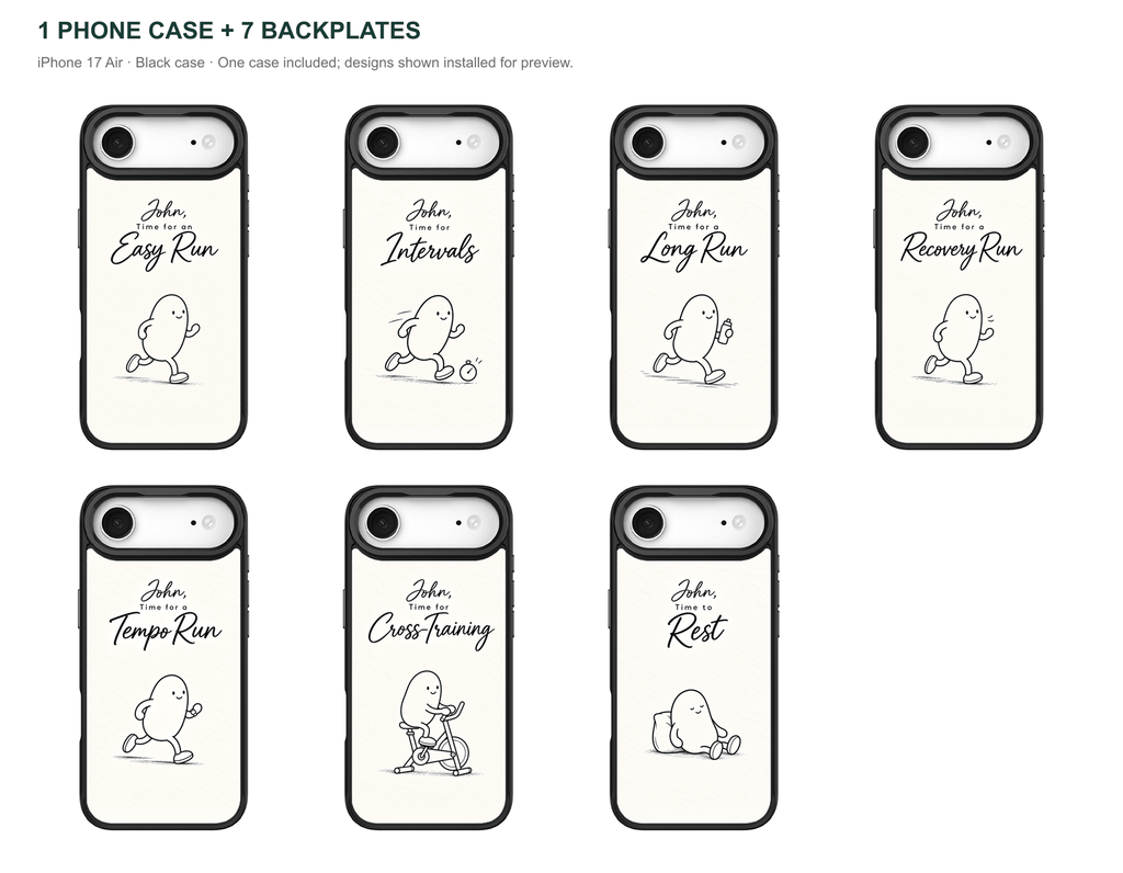 Running Days Personalized — 7 Backplates + 1 Phone Case — iPhone 17 Air Black case — all designs shown installed; one case included