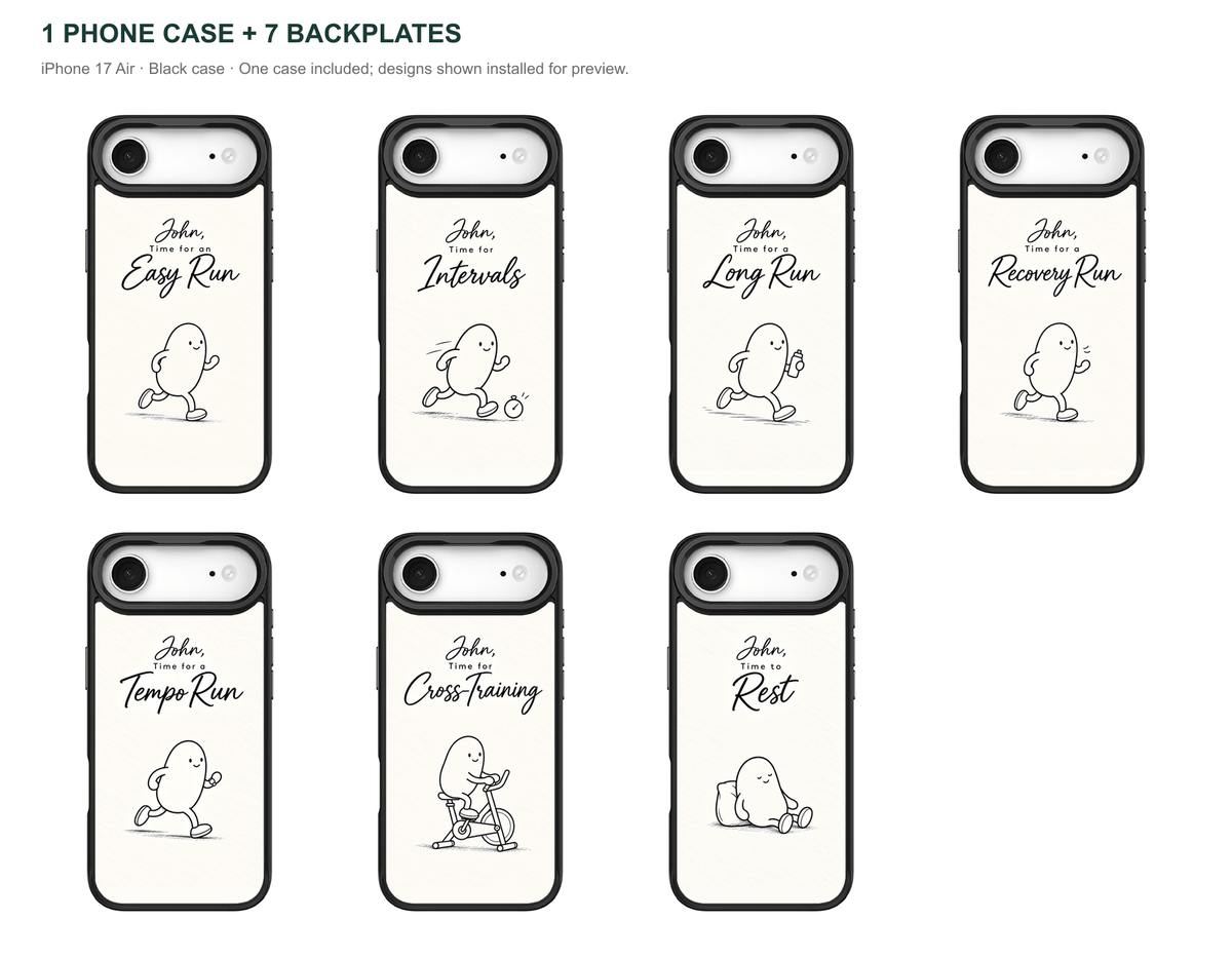 Running Days Personalized — 7 Backplates + 1 Phone Case — iPhone 17 Air Black case — all designs shown installed; one case included