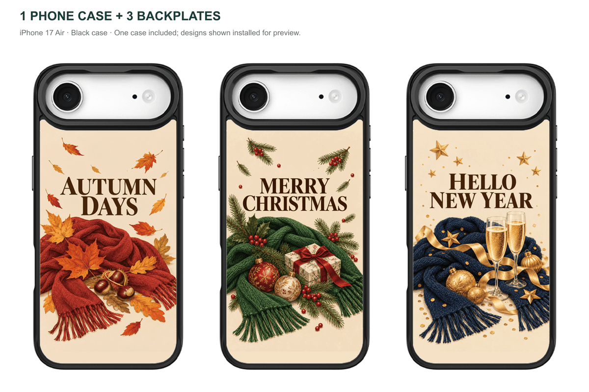 Holiday Season — 3 Backplates + 1 Phone Case — iPhone 17 Air Black case — all designs shown installed; one case included