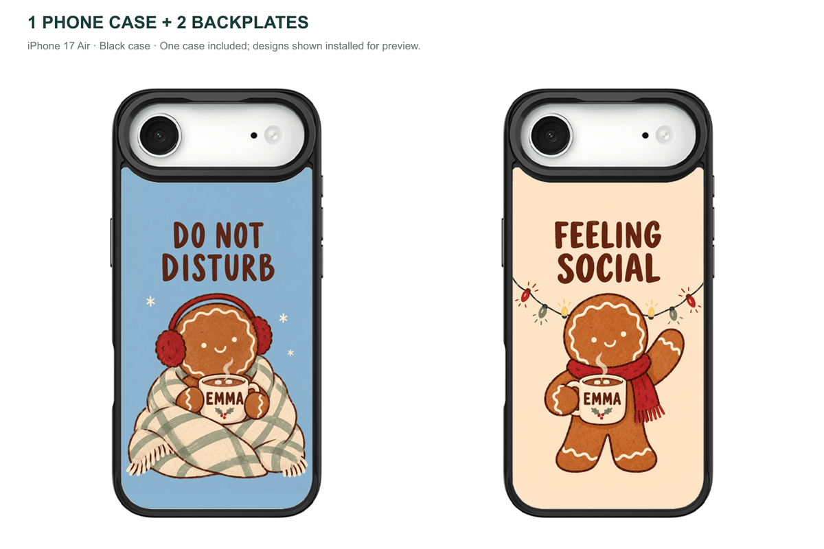 Christmas Social Battery — Personalized 2 Backplates + 1 Phone Case — iPhone 17 Air Black case — all designs shown installed; one case included