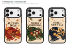 Holiday Season — 3 Backplates + 1 Phone Case — iPhone 18 Pro Max Black case — all designs shown installed; one case included