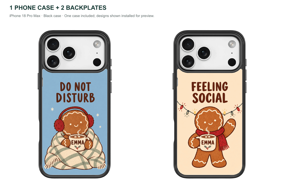 Christmas Social Battery — Personalized 2 Backplates + 1 Phone Case — iPhone 18 Pro Max Black case — all designs shown installed; one case included