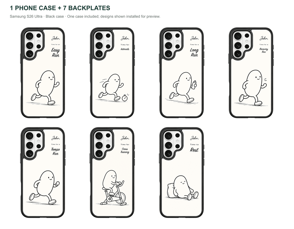 Running Days Personalized — 7 Backplates + 1 Phone Case — Samsung S26 Ultra Black case — all designs shown installed; one case included