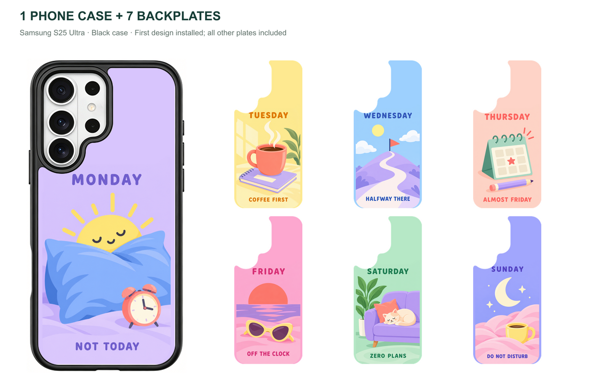 Seven Moods — 7 Backplates + 1 Phone Case (V2) — Samsung S25 Ultra Black case with all 7 backplates