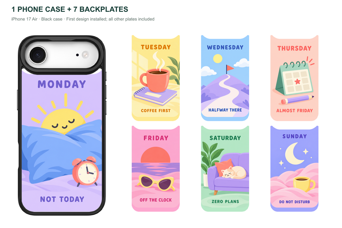 Seven Moods — 7 Backplates + 1 Phone Case (V2) — iPhone 17 Air Black case with all 7 backplates