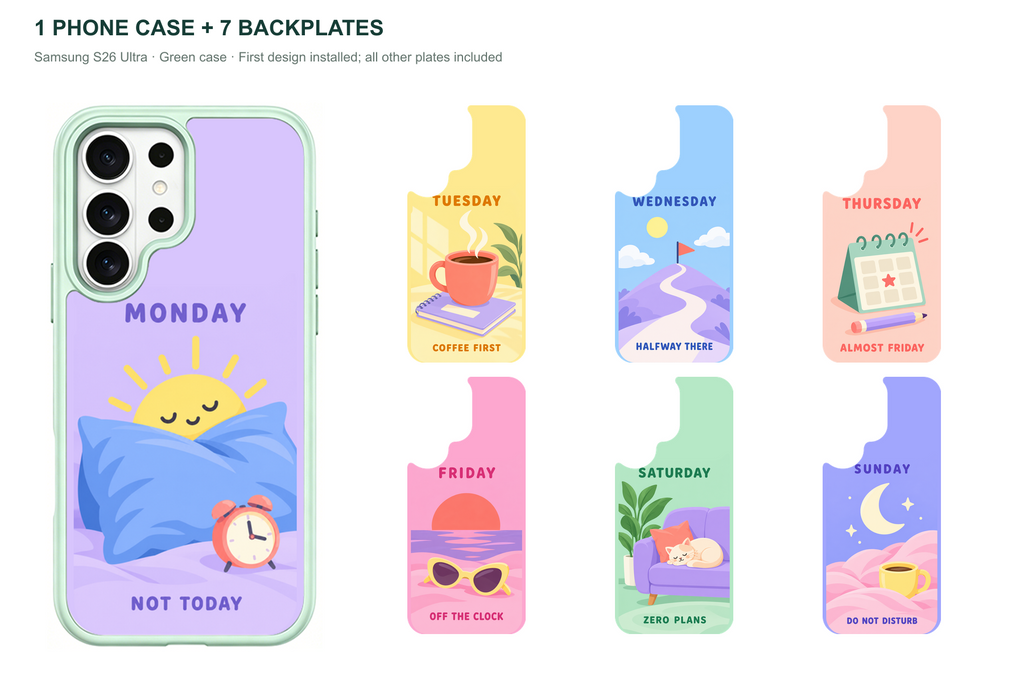 Seven Moods — 7 Backplates + 1 Phone Case (V2) — Samsung S26 Ultra Green case with all 7 backplates