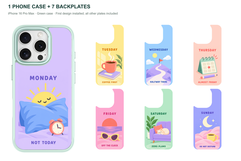 Seven Moods — 7 Backplates + 1 Phone Case (V2) — iPhone 16 Pro Max Green case with all 7 backplates