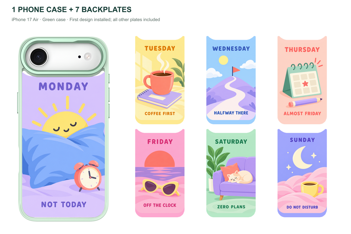 Seven Moods — 7 Backplates + 1 Phone Case (V2) — iPhone 17 Air Green case with all 7 backplates