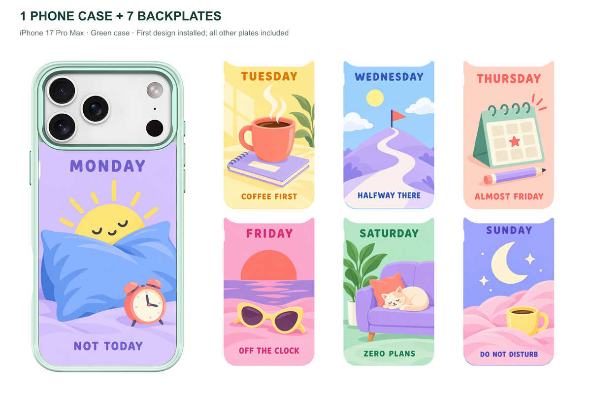 Seven Moods — 7 Backplates + 1 Phone Case (V2) — iPhone 17 Pro Max Green case with all 7 backplates