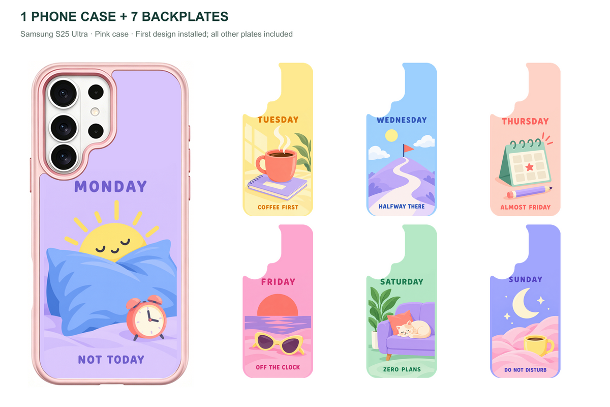 Seven Moods — 7 Backplates + 1 Phone Case (V2) — Samsung S25 Ultra Pink case with all 7 backplates