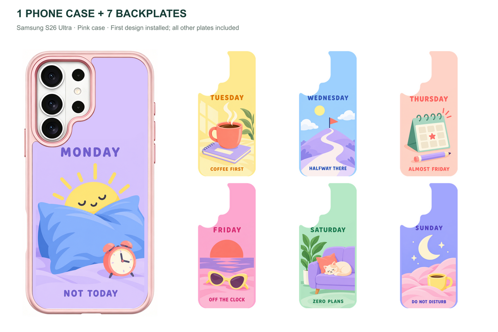 Seven Moods — 7 Backplates + 1 Phone Case (V2) — Samsung S26 Ultra Pink case with all 7 backplates