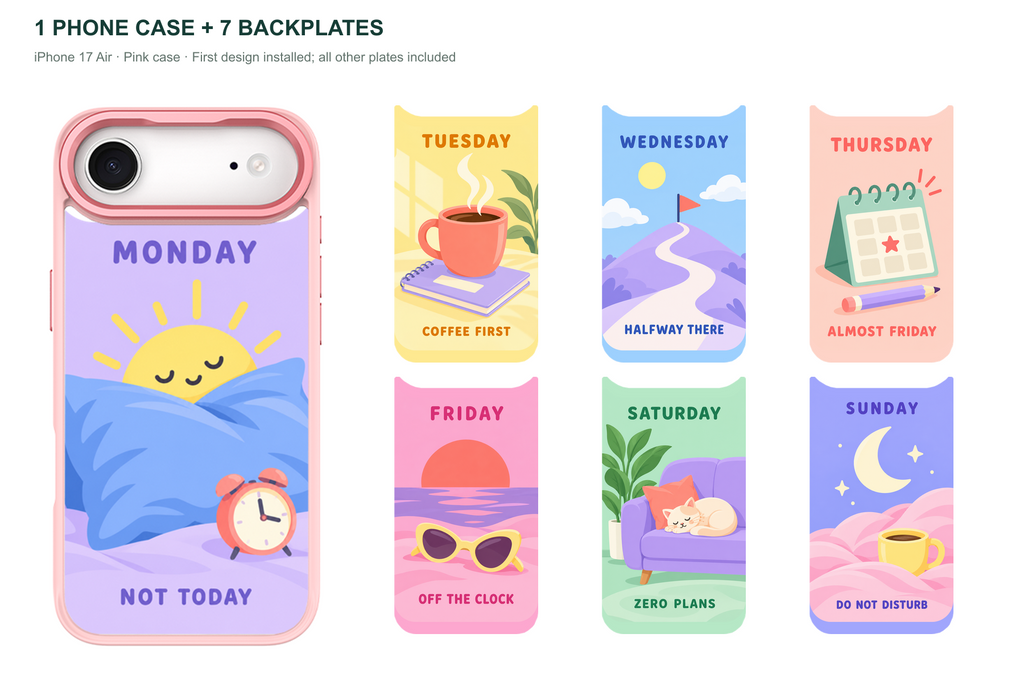 Seven Moods — 7 Backplates + 1 Phone Case (V2) — iPhone 17 Air Pink case with all 7 backplates