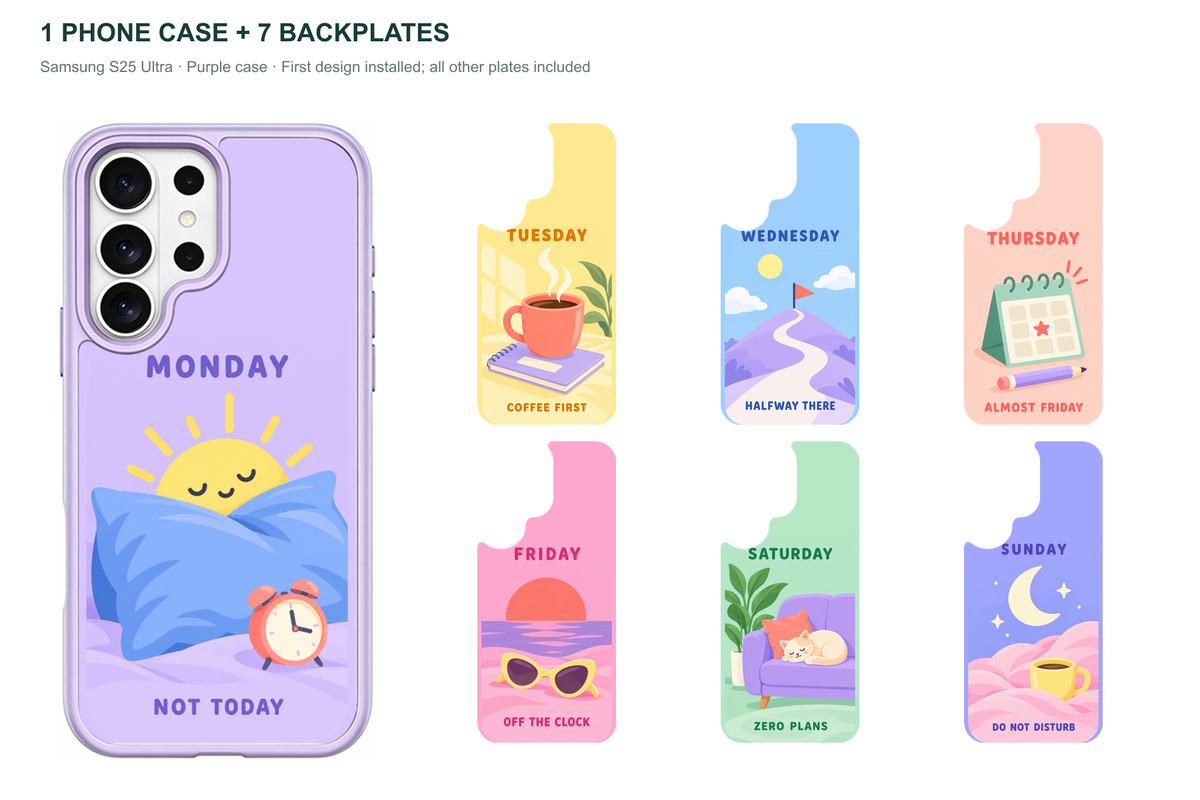 Seven Moods — 7 Backplates + 1 Phone Case (V2) — Samsung S25 Ultra Purple case with all 7 backplates