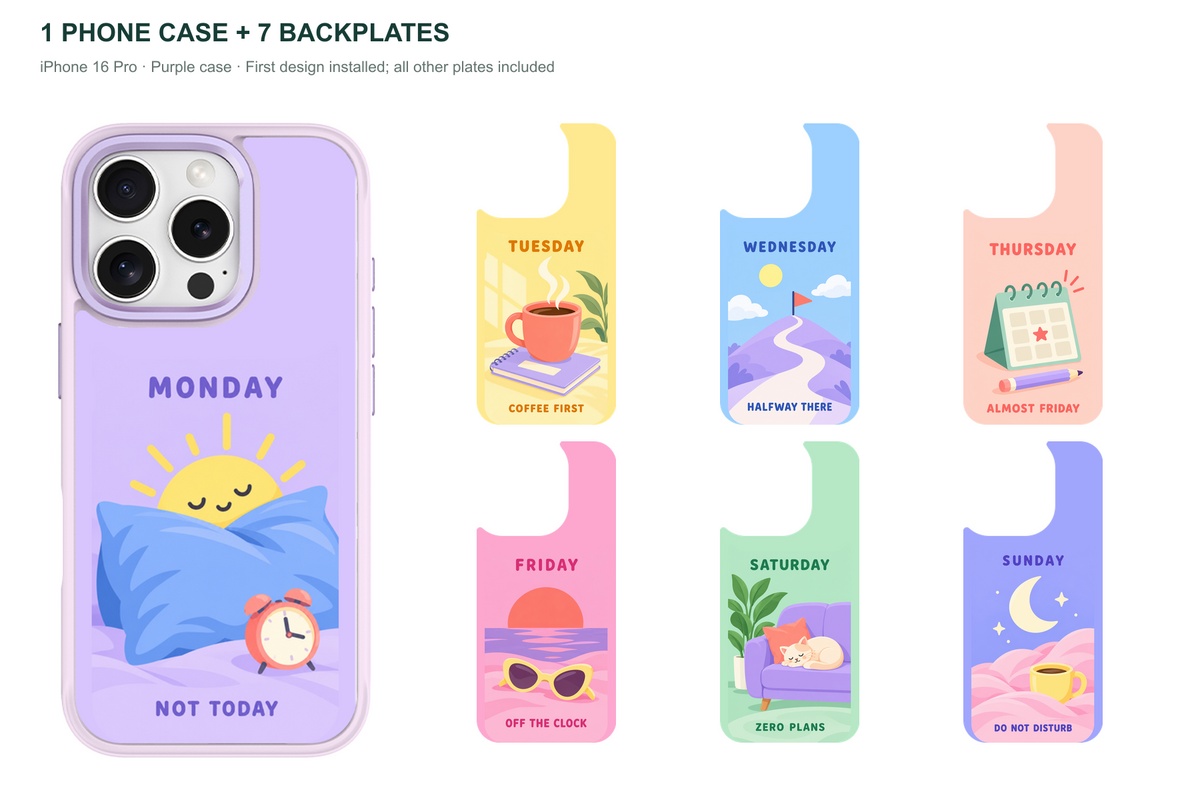 Seven Moods — 7 Backplates + 1 Phone Case (V2) — iPhone 16 Pro Purple case with all 7 backplates