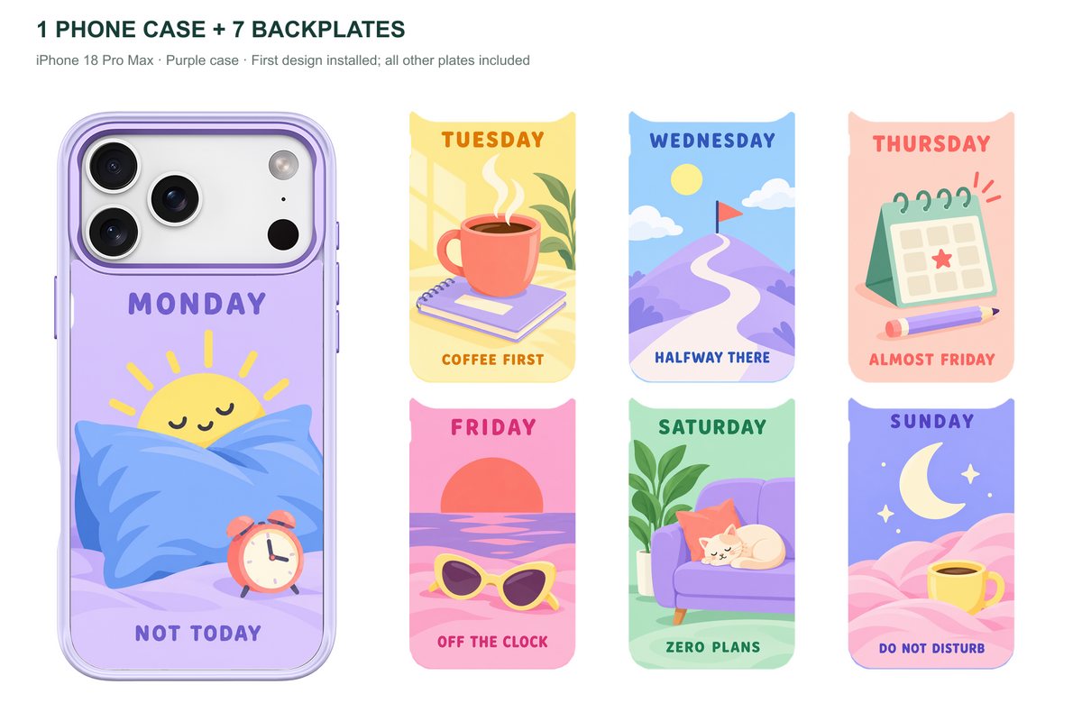 Seven Moods — 7 Backplates + 1 Phone Case (V2) — iPhone 18 Pro Max Purple case with all 7 backplates