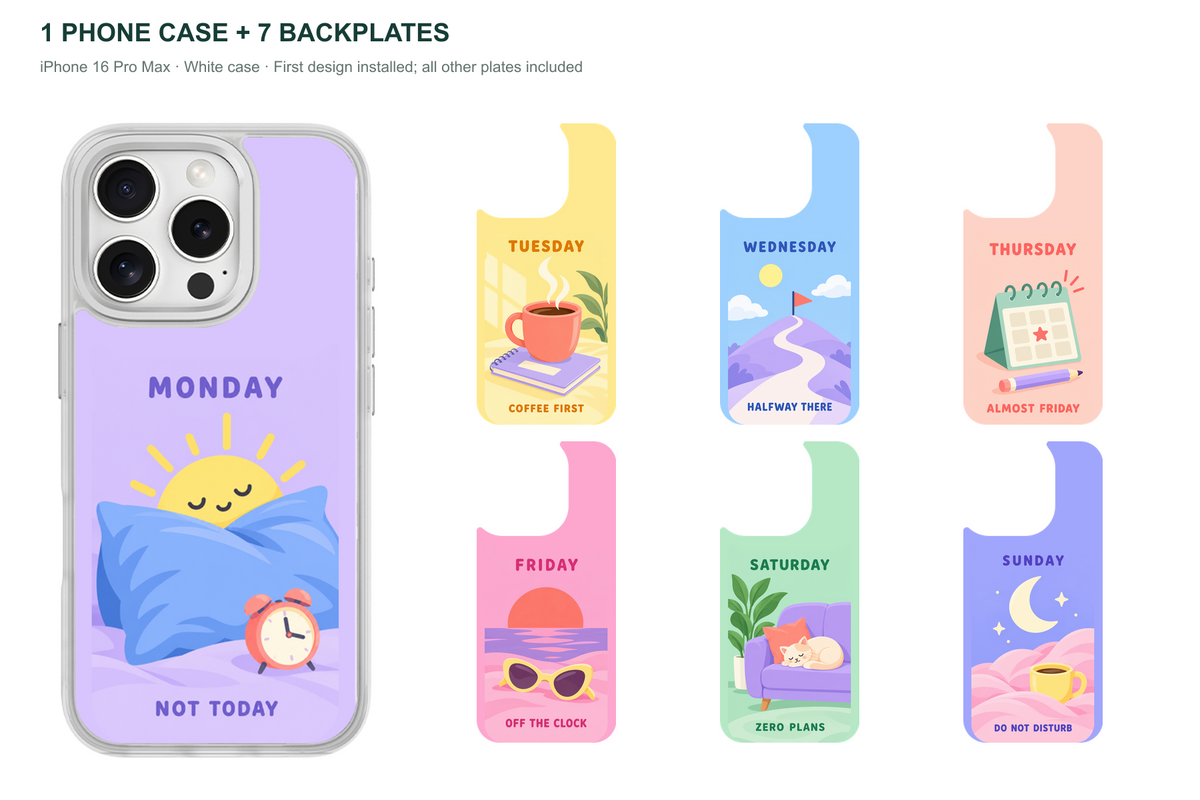 Seven Moods — 7 Backplates + 1 Phone Case (V2) — iPhone 16 Pro Max White case with all 7 backplates