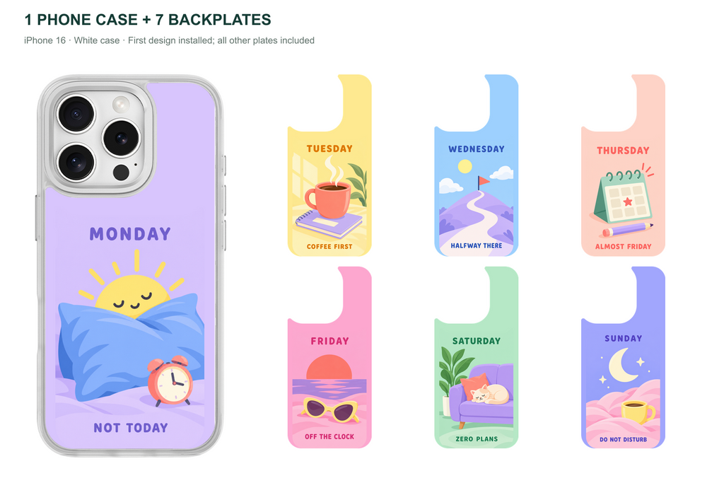 Seven Moods — 7 Backplates + 1 Phone Case (V2) — iPhone 16 White case with all 7 backplates