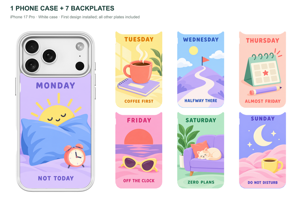 Seven Moods — 7 Backplates + 1 Phone Case (V2) — iPhone 17 Pro White case with all 7 backplates