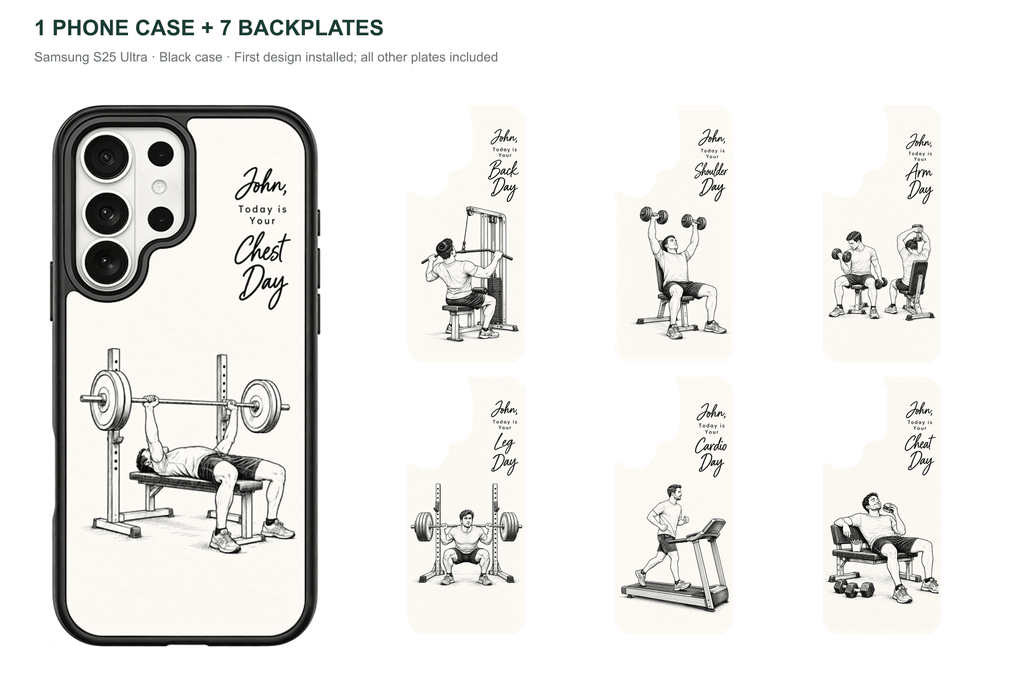 Training Days Personalized — 7 Backplates + 1 Phone Case — Samsung S25 Ultra Black case with all 7 backplates