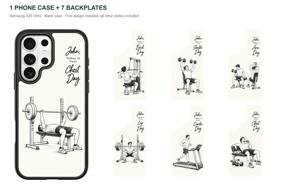 Training Days Personalized — 7 Backplates + 1 Phone Case — Samsung S25 Ultra Black case with all 7 backplates