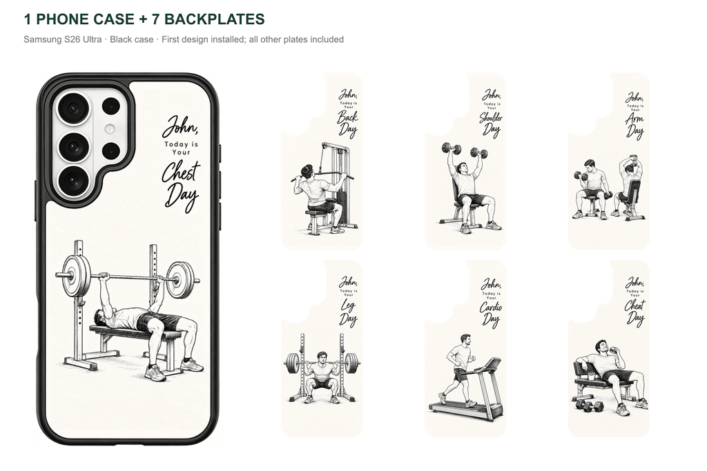 Training Days Personalized — 7 Backplates + 1 Phone Case — Samsung S26 Ultra Black case with all 7 backplates