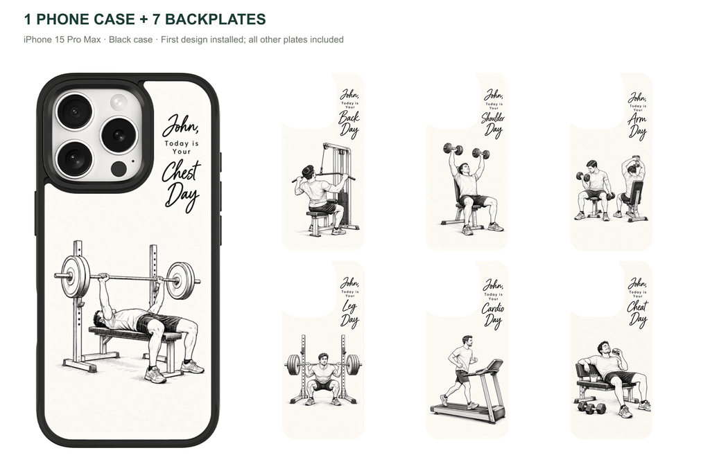 Training Days Personalized — 7 Backplates + 1 Phone Case — iPhone 15 Pro Max Black case with all 7 backplates