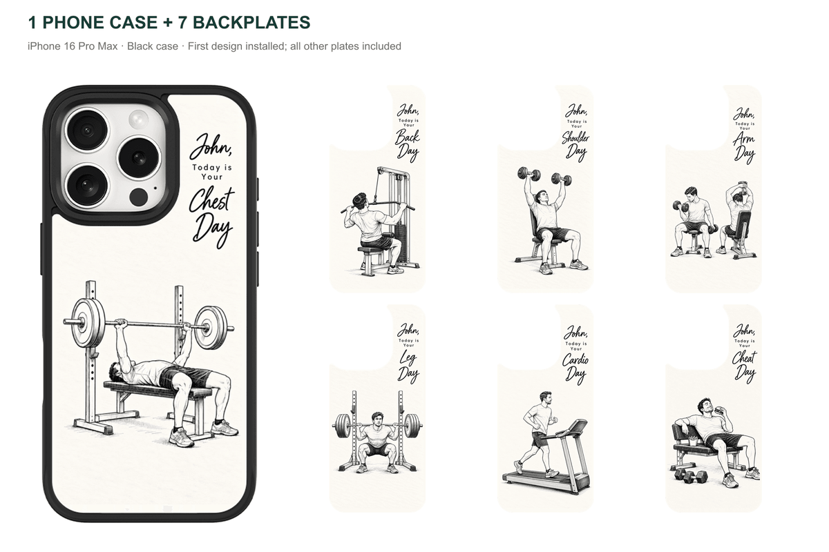 Training Days Personalized — 7 Backplates + 1 Phone Case — iPhone 16 Pro Max Black case with all 7 backplates
