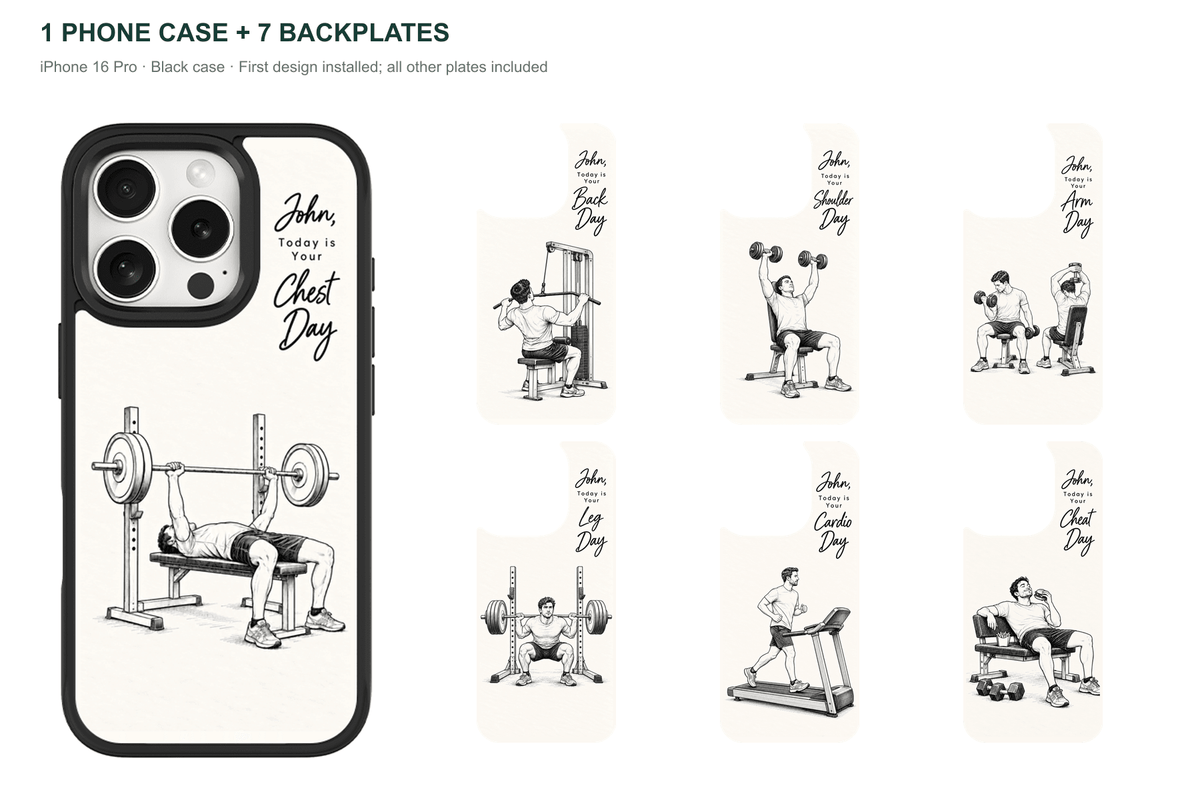 Training Days Personalized — 7 Backplates + 1 Phone Case — iPhone 16 Pro Black case with all 7 backplates