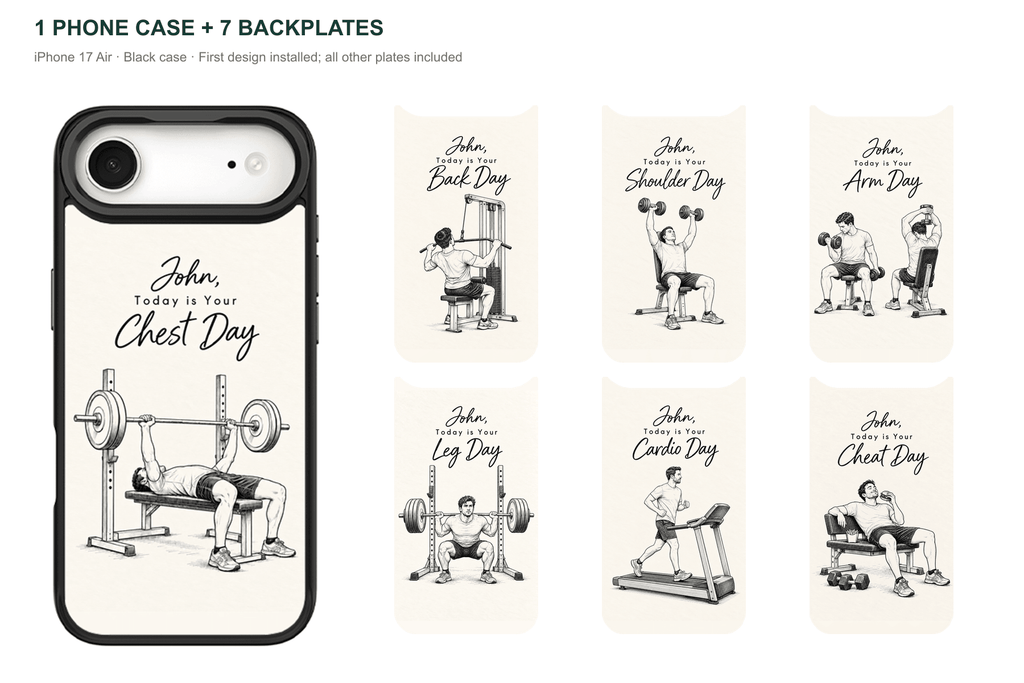 Training Days Personalized — 7 Backplates + 1 Phone Case — iPhone 17 Air Black case with all 7 backplates