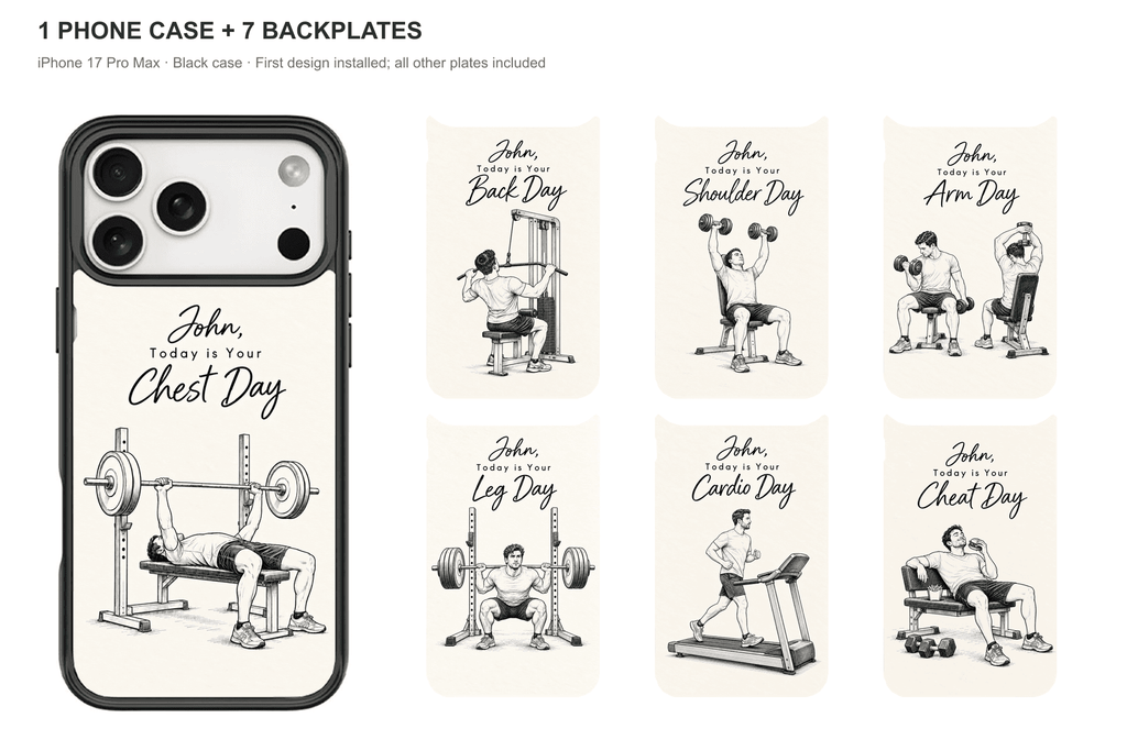 Training Days Personalized — 7 Backplates + 1 Phone Case — iPhone 17 Pro Max Black case with all 7 backplates