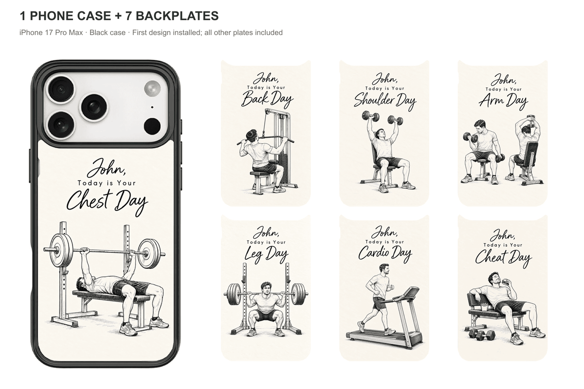 Training Days Personalized — 7 Backplates + 1 Phone Case — iPhone 17 Pro Max Black case with all 7 backplates
