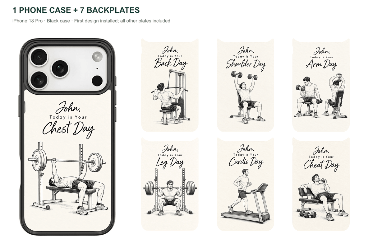 Training Days Personalized — 7 Backplates + 1 Phone Case — iPhone 18 Pro Black case with all 7 backplates