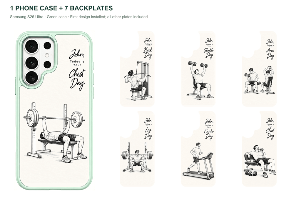 Training Days Personalized — 7 Backplates + 1 Phone Case — Samsung S26 Ultra Green case with all 7 backplates
