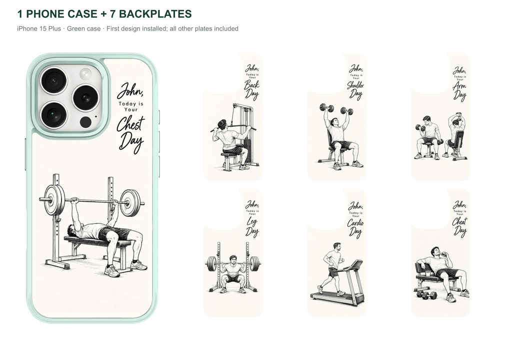 Training Days Personalized — 7 Backplates + 1 Phone Case — iPhone 15 Plus Green case with all 7 backplates