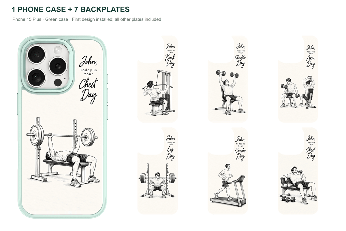 Training Days Personalized — 7 Backplates + 1 Phone Case — iPhone 15 Plus Green case with all 7 backplates