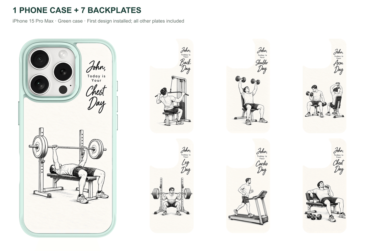 Training Days Personalized — 7 Backplates + 1 Phone Case — iPhone 15 Pro Max Green case with all 7 backplates