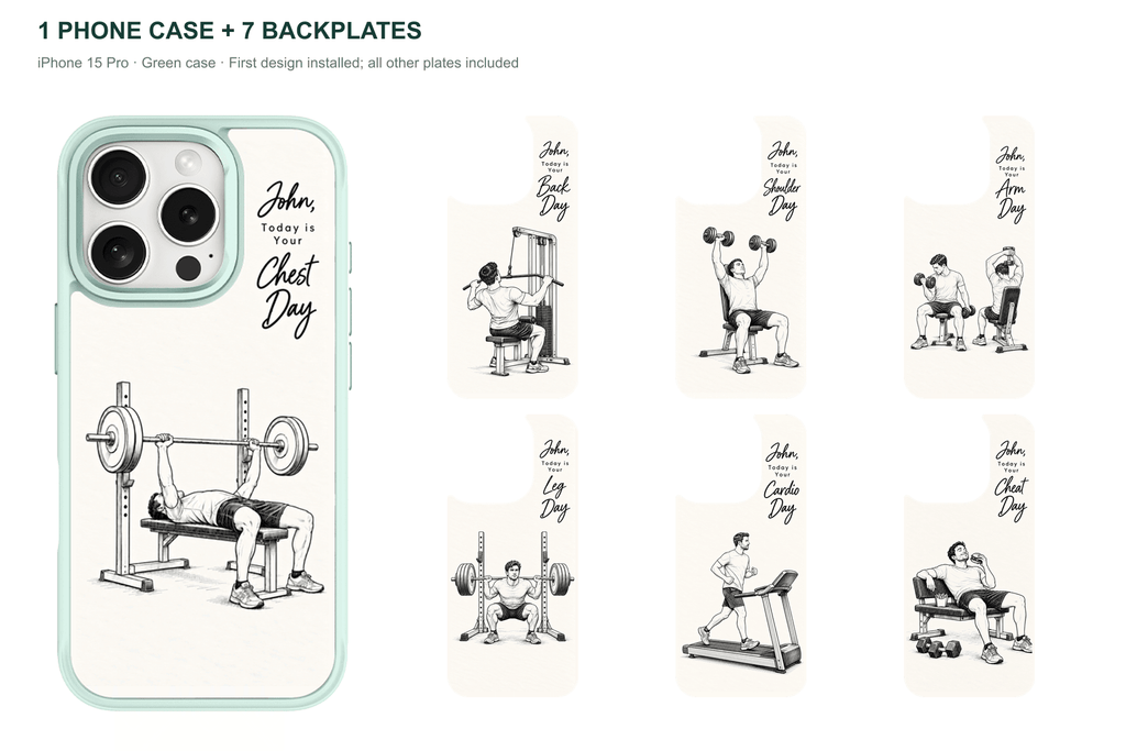 Training Days Personalized — 7 Backplates + 1 Phone Case — iPhone 15 Pro Green case with all 7 backplates