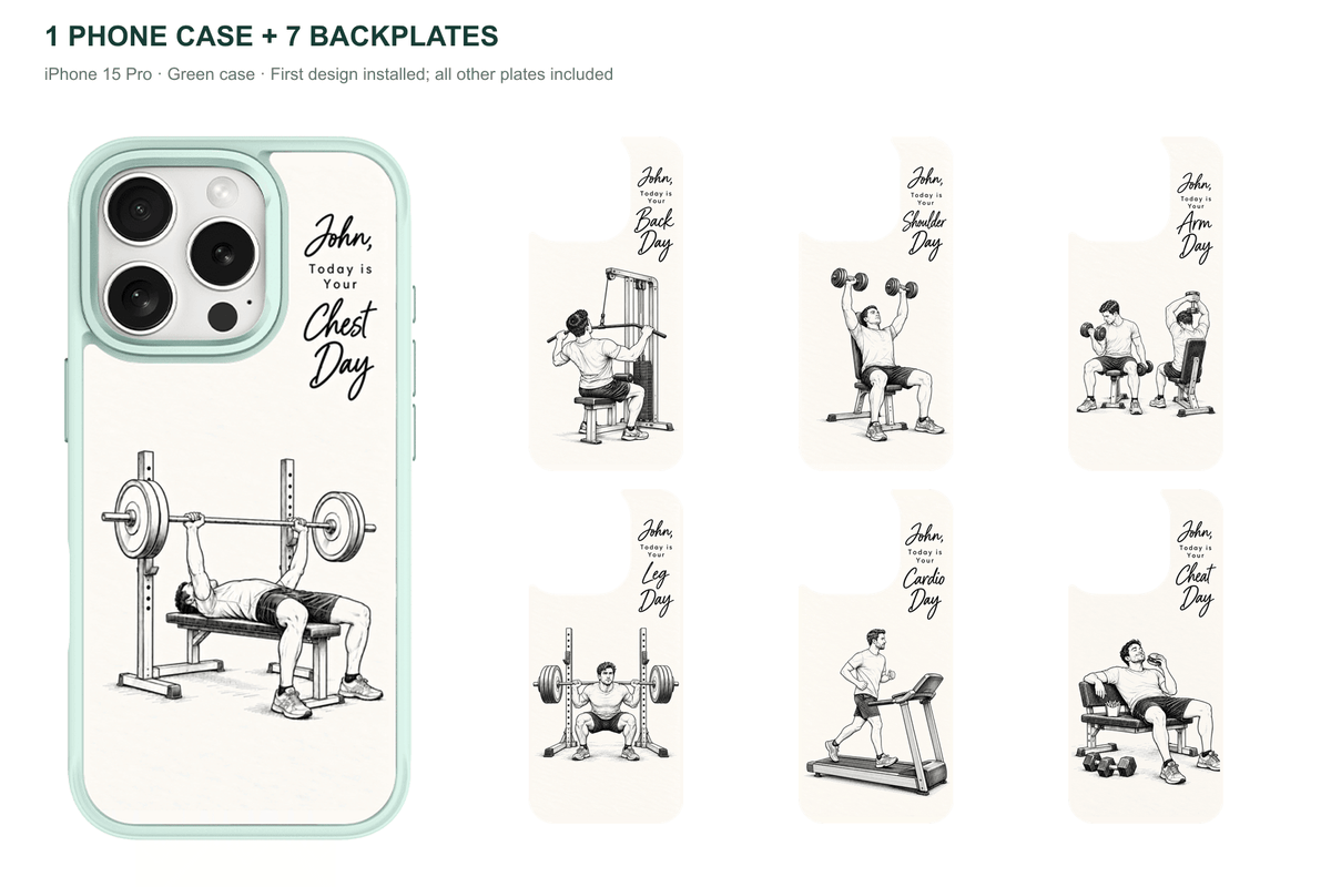 Training Days Personalized — 7 Backplates + 1 Phone Case — iPhone 15 Pro Green case with all 7 backplates