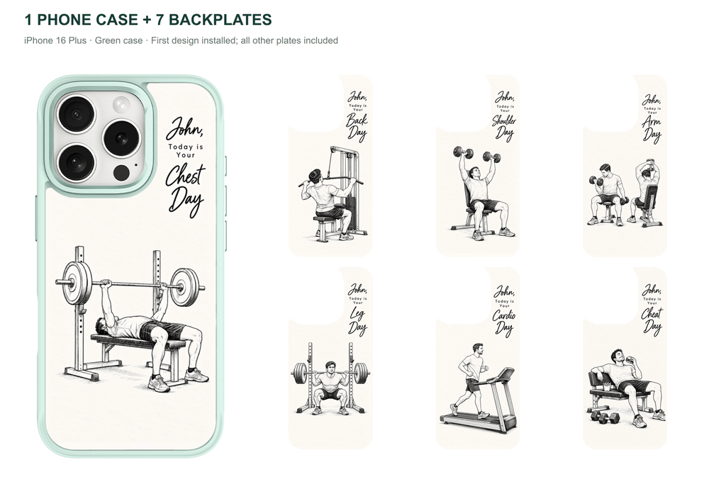 Training Days Personalized — 7 Backplates + 1 Phone Case — iPhone 16 Plus Green case with all 7 backplates