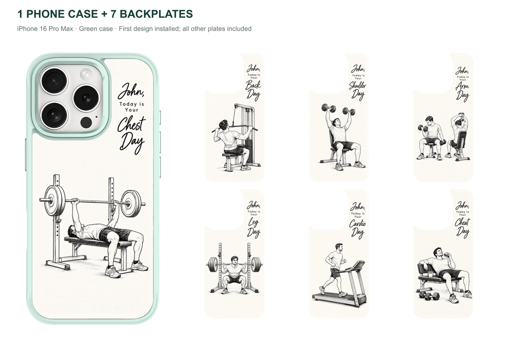 Training Days Personalized — 7 Backplates + 1 Phone Case — iPhone 16 Pro Max Green case with all 7 backplates
