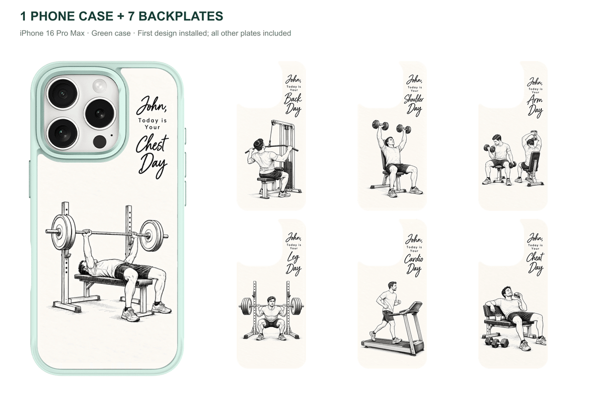 Training Days Personalized — 7 Backplates + 1 Phone Case — iPhone 16 Pro Max Green case with all 7 backplates