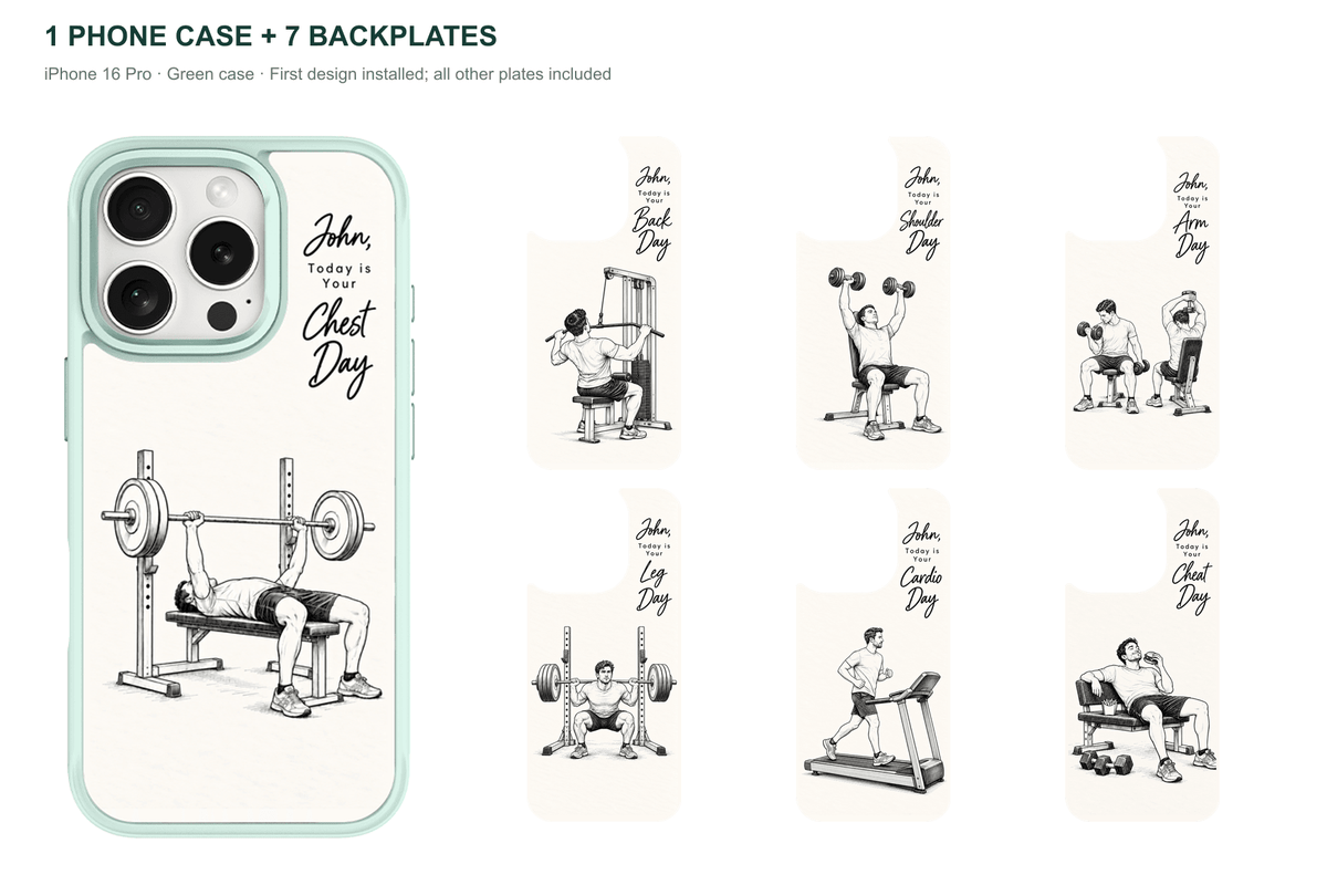 Training Days Personalized — 7 Backplates + 1 Phone Case — iPhone 16 Pro Green case with all 7 backplates