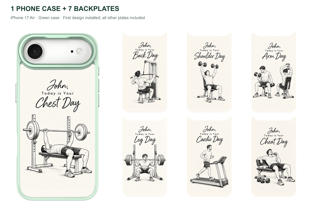 Training Days Personalized — 7 Backplates + 1 Phone Case — iPhone 17 Air Green case with all 7 backplates