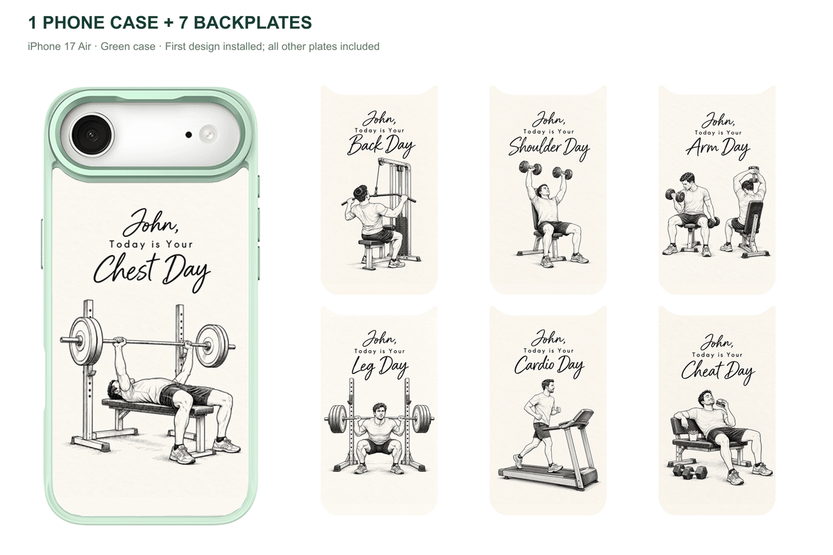 Training Days Personalized — 7 Backplates + 1 Phone Case — iPhone 17 Air Green case with all 7 backplates