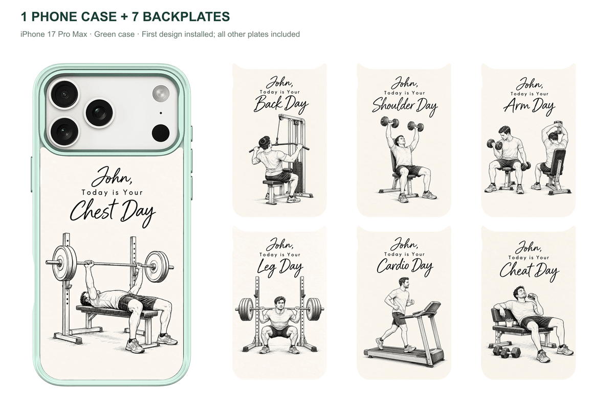 Training Days Personalized — 7 Backplates + 1 Phone Case — iPhone 17 Pro Max Green case with all 7 backplates
