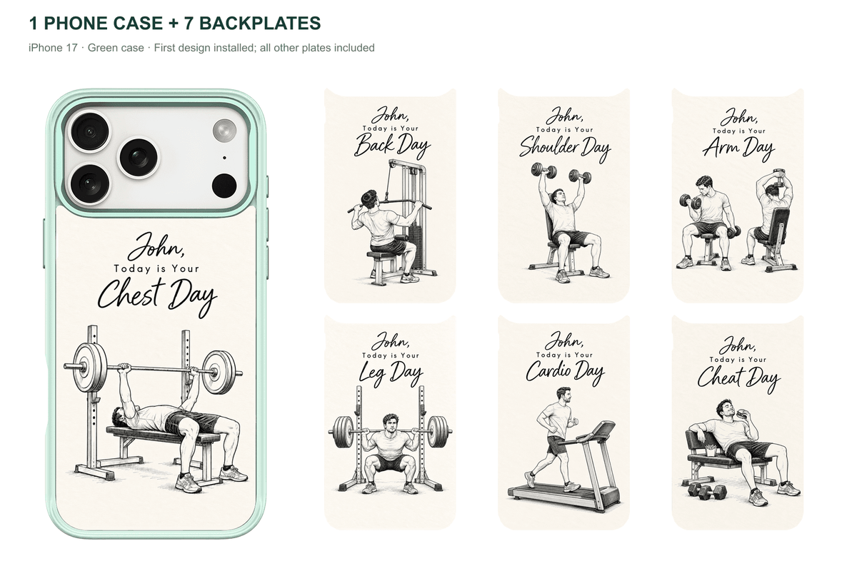 Training Days Personalized — 7 Backplates + 1 Phone Case — iPhone 17 Green case with all 7 backplates