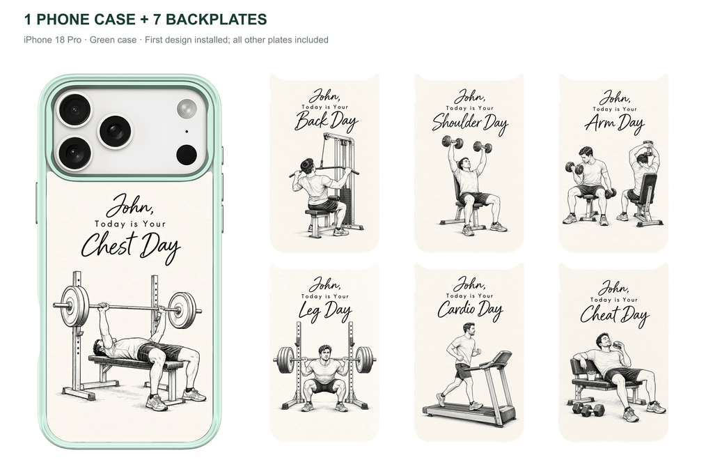 Training Days Personalized — 7 Backplates + 1 Phone Case — iPhone 18 Pro Green case with all 7 backplates