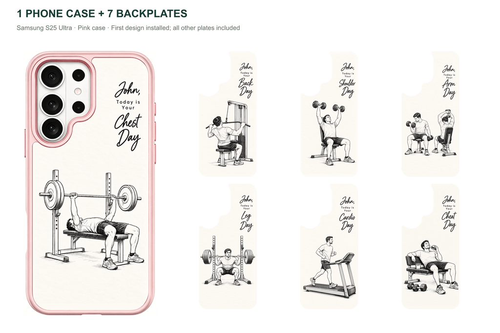 Training Days Personalized — 7 Backplates + 1 Phone Case — Samsung S25 Ultra Pink case with all 7 backplates